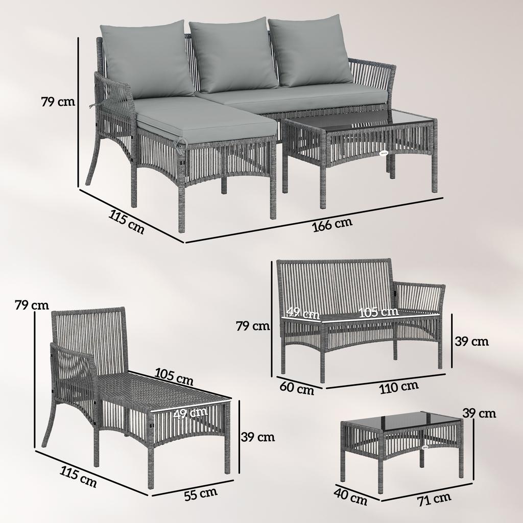 3 Piece Rattan Garden Furniture Corner Sofa Set with Chaise Lounge, Loveseat, Glass Coffee Table, Cushions, Dark Grey