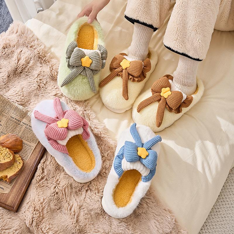 Bow Cotton Slippers New Four Seasons Indoor Floor Non-slip External Wear Warm and Comfortable Cotton Shoes Winter
