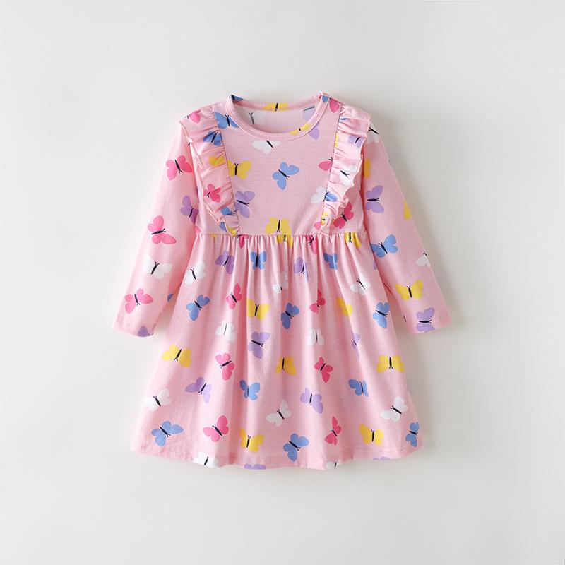 

Платье с длинным рукавом для девочек в европейском и американском стиле с принтом бабочек, возраст 2-8 лет - Идеально для весны и осени 140cm (8Y) розовый