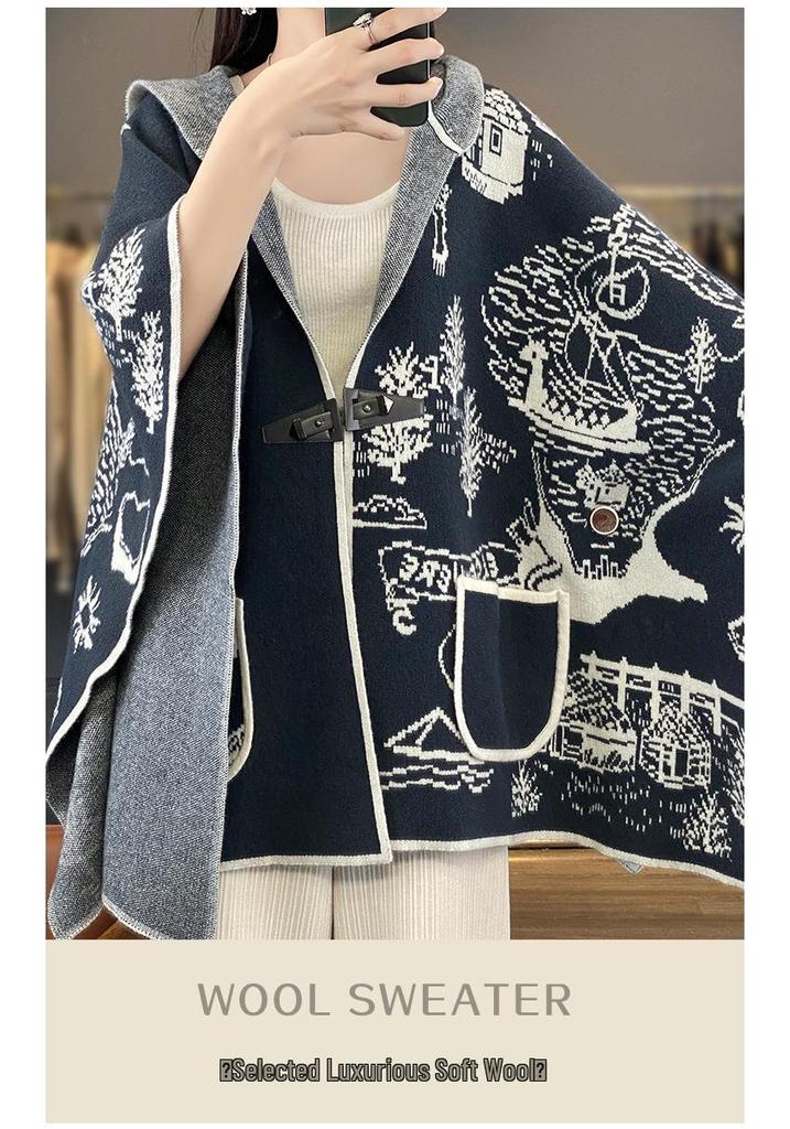 Women's Retro Wool Jacquard Hooded Cardigan Cape Shawl