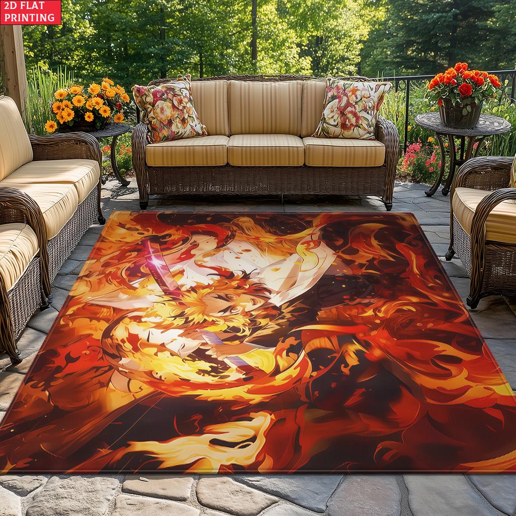 Anime Swordsman Area Rug,Flame Theme Floor Mat, Decorative Carpet for Gaming Room Bedroom Living Room, Washable Home Decor Gift