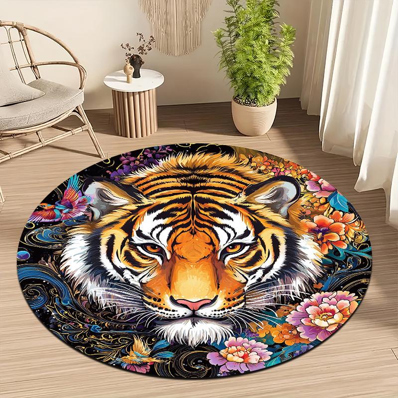 

Tiger pattern & colorful flowers Flannel-printed round floor mats are slip-resistant Suitable living room terrace garden carpets 60cm