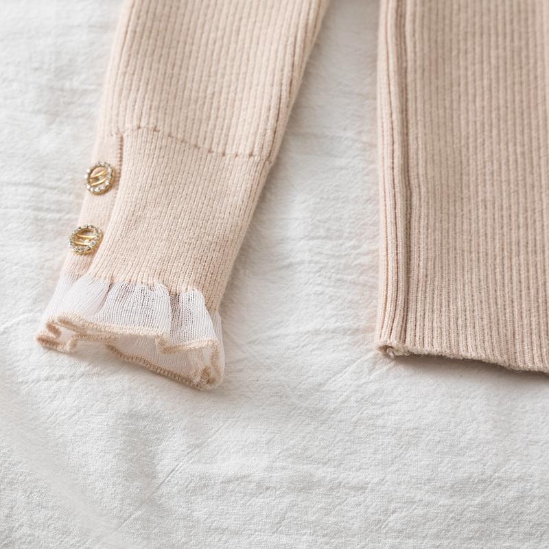 Koreanischer Mesh-Spleiß-Pullover Langarm Elastisch Weiße Oberteile Damen Herbst Winter Kleidung Slim Strick Weicher Pullover Knopf Halber Rollkragenpullover