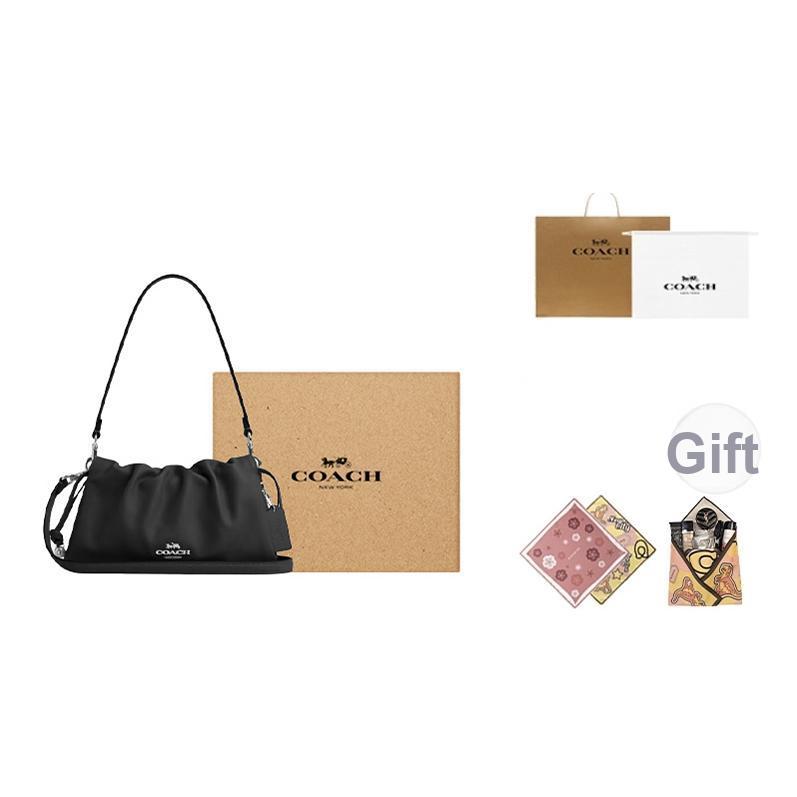 Coach Faye 26 Logo Drawstring Magnetic Closure Leather Cloud Bag Women Handbags Black CV529-SVBK