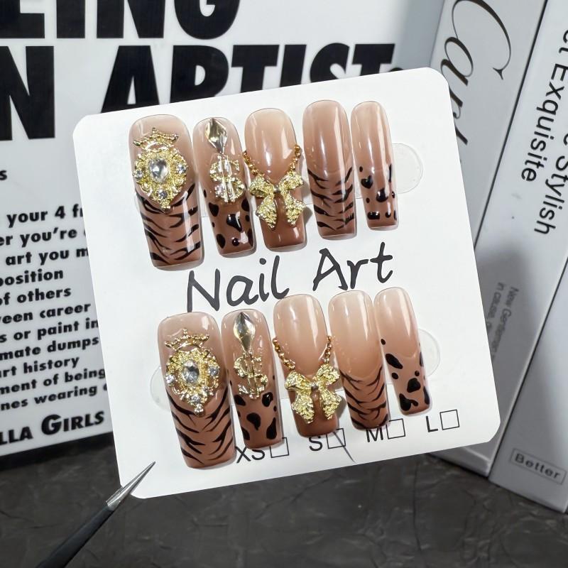 Hand-Painted Acrylic Press-On Nails Ice-Transparent Gradient Leopard Print French Square Shape Reusable False Small