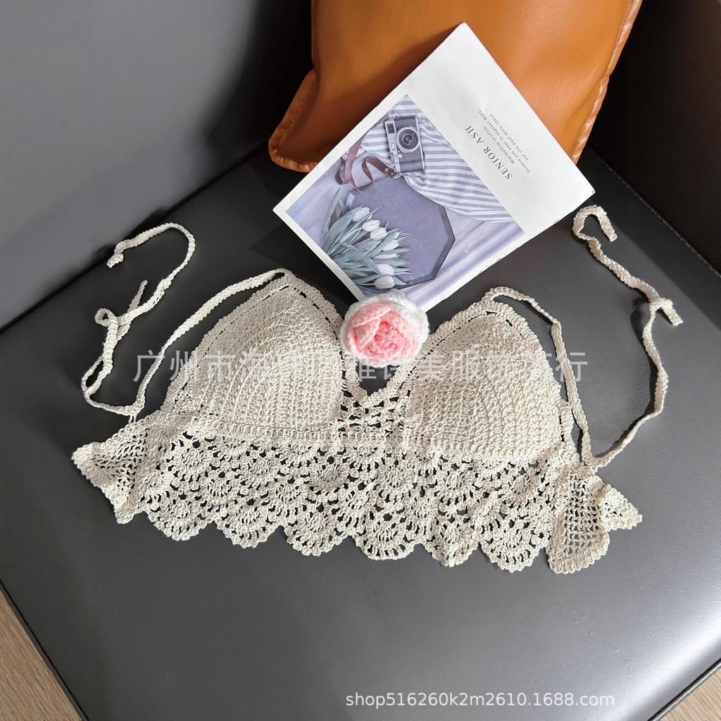 New fashionable and sexy tube top with small suspenders for women's summer seaside beach lace-up hollow knitted neck top