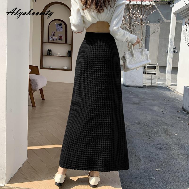 Korean Fashion Autumn Winter Women Split Skirt High Waist Waffle Pattern Knitting Skirt Knitted Elegant Feminine Black Gray Skirts