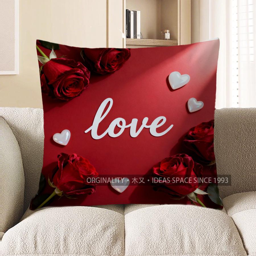 2D Red Roses & Love Heart Pattern Pillow Cover Pattern Cushion Cover Suitable For Sofa Bedroom Car Pillow Cover
