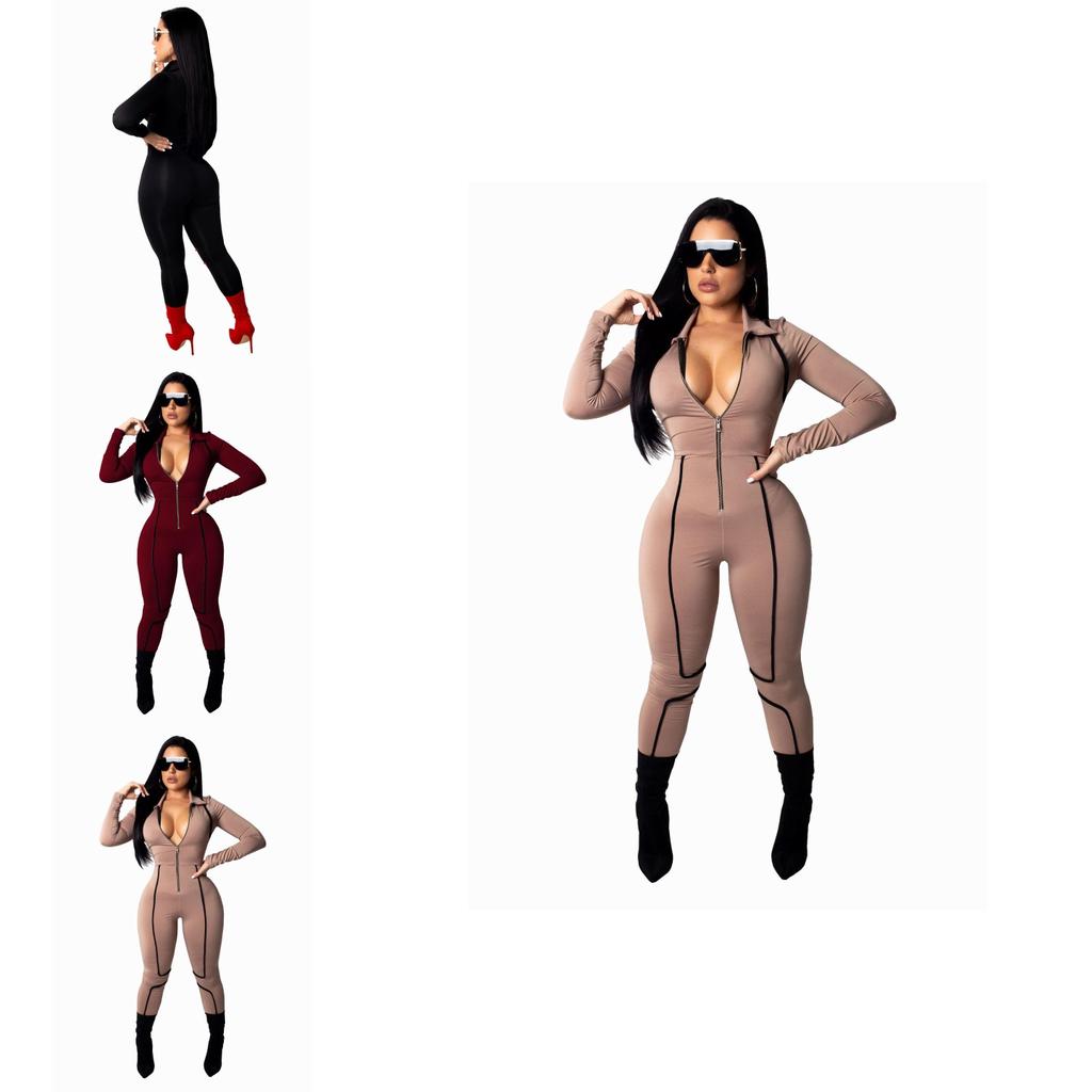 Elegant Fashion Lapel Tight-fitting Jumpsuit Sexy Woman Long Sleeve Playsuits Bodysuit