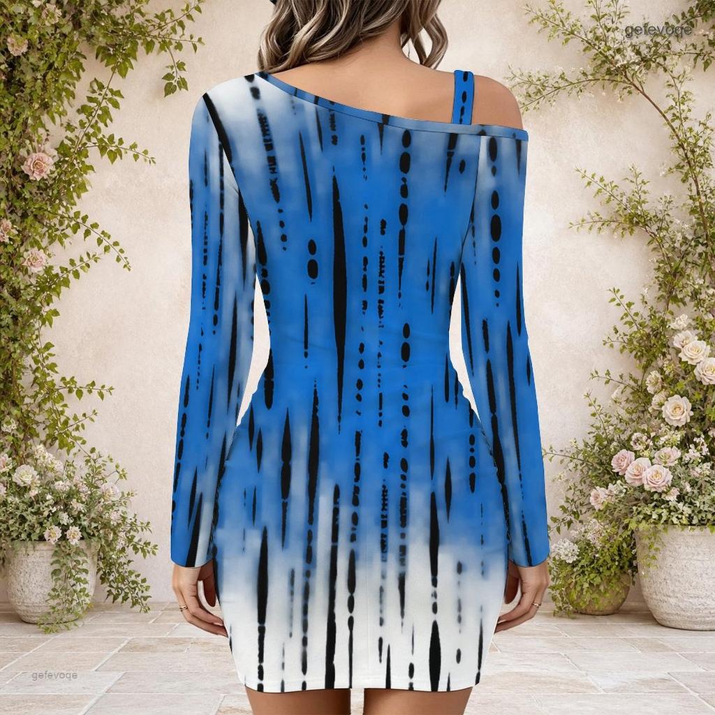 Women Plus Size One Shoulder Long Sleeve Printed Striped Bodycon Mini Dress
