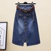 High-Waist Slim Fit Retro Midi Denim Skirt with Single-Breasted Slit