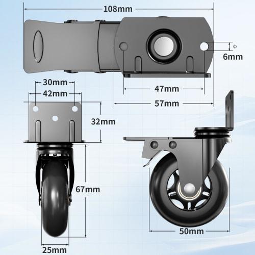 50mm Casters, Heavy-Duty 500kg Load Capacity, L-Shaped Casters with Stoppers, Quiet Operation, Rotation Lock + Movement Lock, Set of 4, Rubber Wheels,