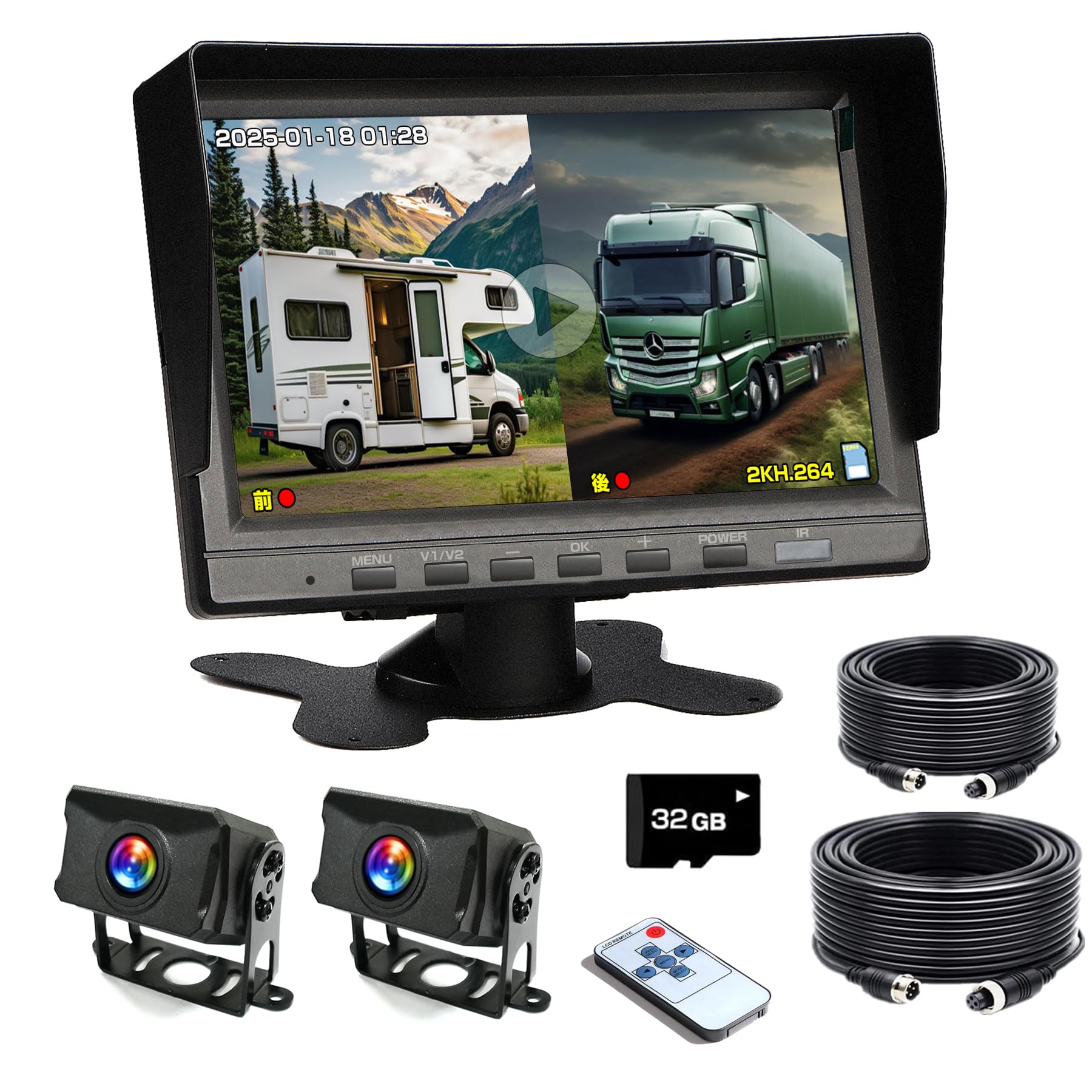 

TORAKIND Backup Camera Monitor Backup Drive Front and Rear 32GB Card Compatible with Resolution Wide Viewing Bus Set, 7-inch Monitor, Recorder,