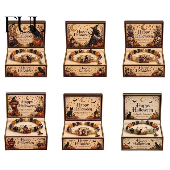 Stackable Charm Bracelet Halloween Stretch Beaded with Gift Box, Black Cat Pumpkin Ghost Spooky Theme Party Accessory Crow Witch Hat/Moon Charm,