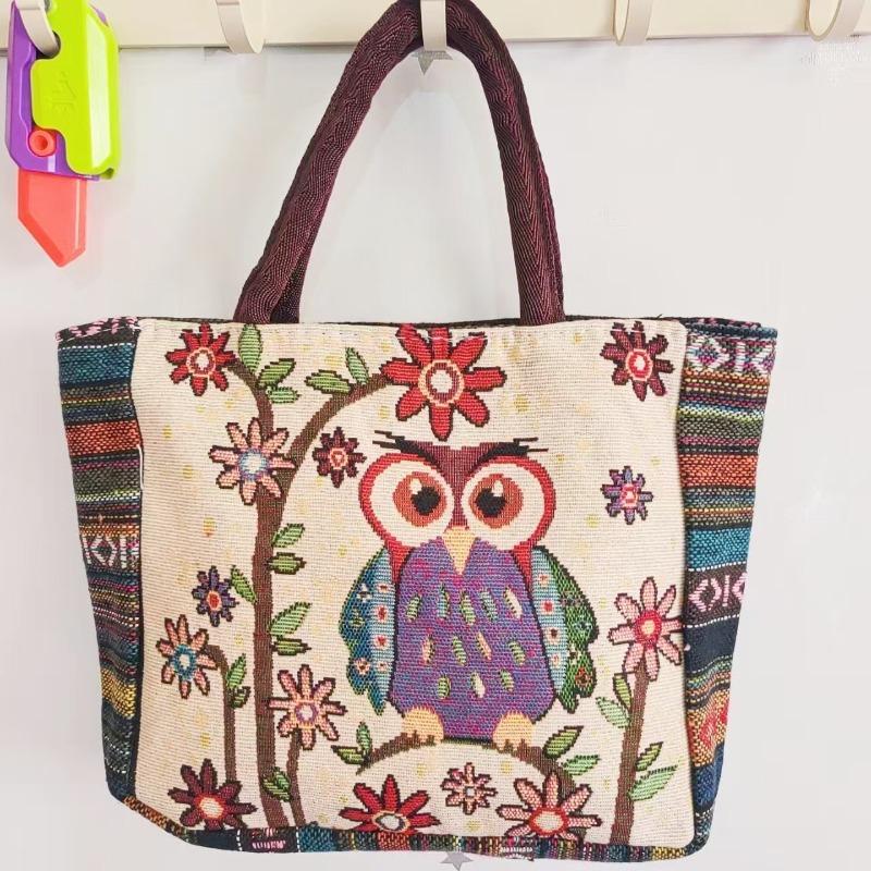 Canvas bag, women's large-capacity double-sided embroidered animal handbag, mommy bag, go shopping, handbag