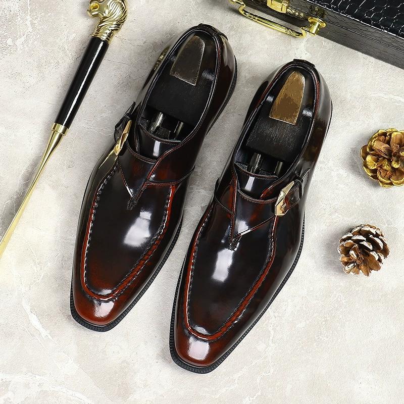Fashion Luxury Patent Leather Mens Formal Shoes Handmade Buckle Decorated Genuine Leather 2025 Wedding Social Shoes Man