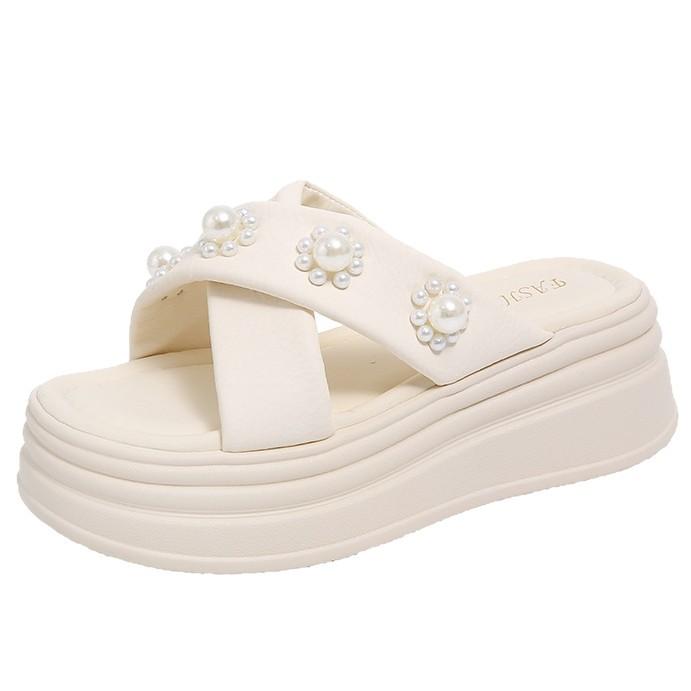 Thick-soled Cool Slippers Female 2025 Summer New Rhinestone Flower Fairy Wind Temperament One-word Slippers Vacation Beach Shoes