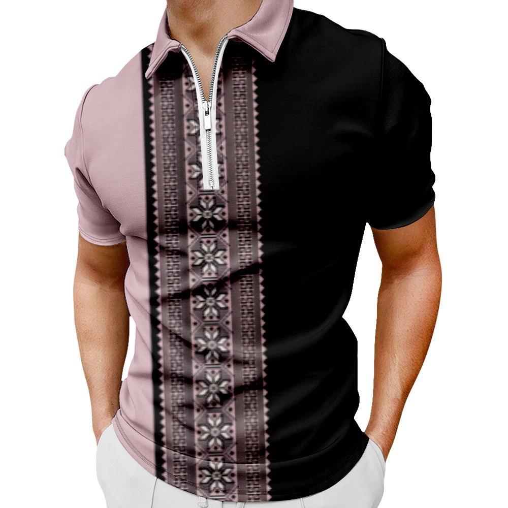 Men'S Casual 3D Digital Printing Short Sleeve Zipper Polo Shirt Men'S Clothing