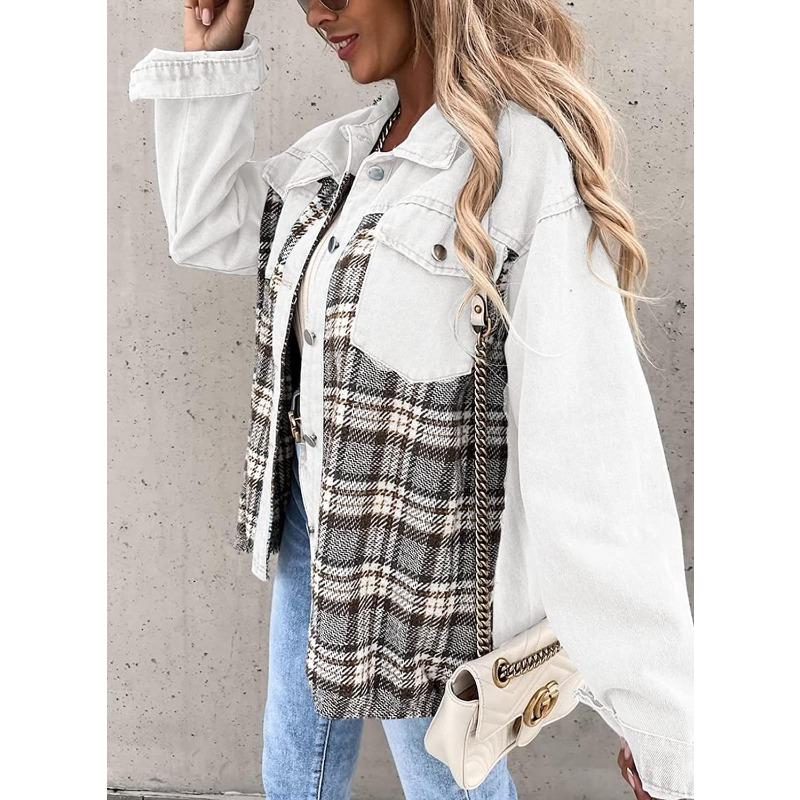 JKASHDK Moda Donna Casual Stampa a Quadri Autunno Inverno Manica Lunga Giacche e Cappotti con Collo POLO