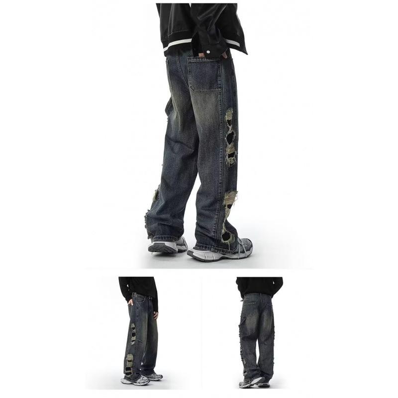 JYL Men's Straight Jeans American Vintage Washed Ripped Loose Wide-Leg Denim