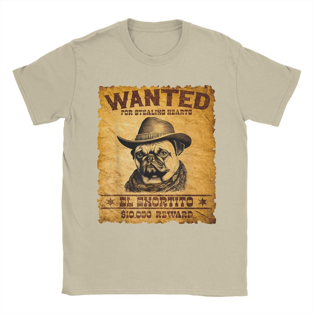 Summer Wanted Poster Cute Western Cowboy Pug Dog Hip Hop T-Shirts 100% Cotton Tee Shirt Custom Logo Short Sleeve Clothes