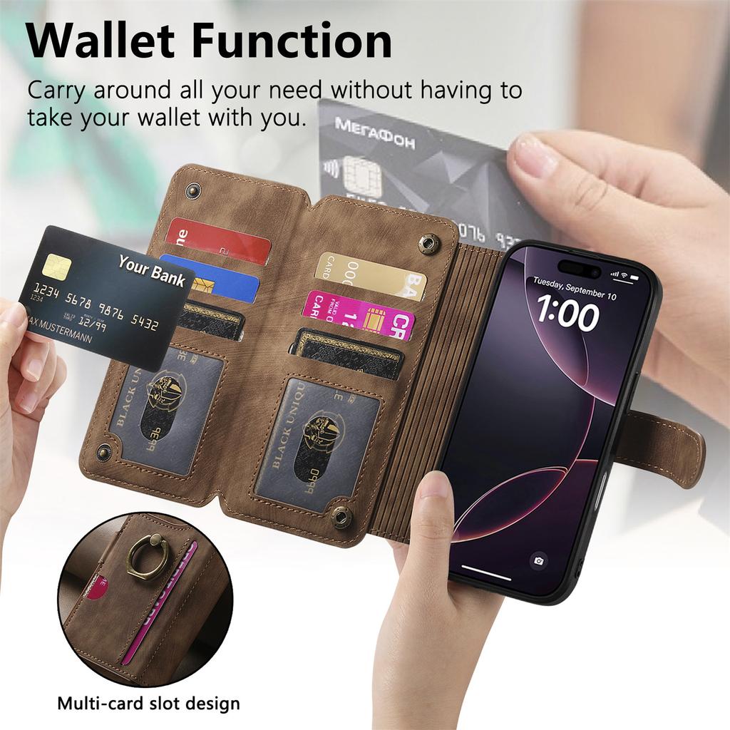 3-in-1 Luxury Leather Wallet Case for iPhone XS/11/12/13/14/15/16/17 w/ Stand, Shockproof, RFID, Multi-Slot & Zipper