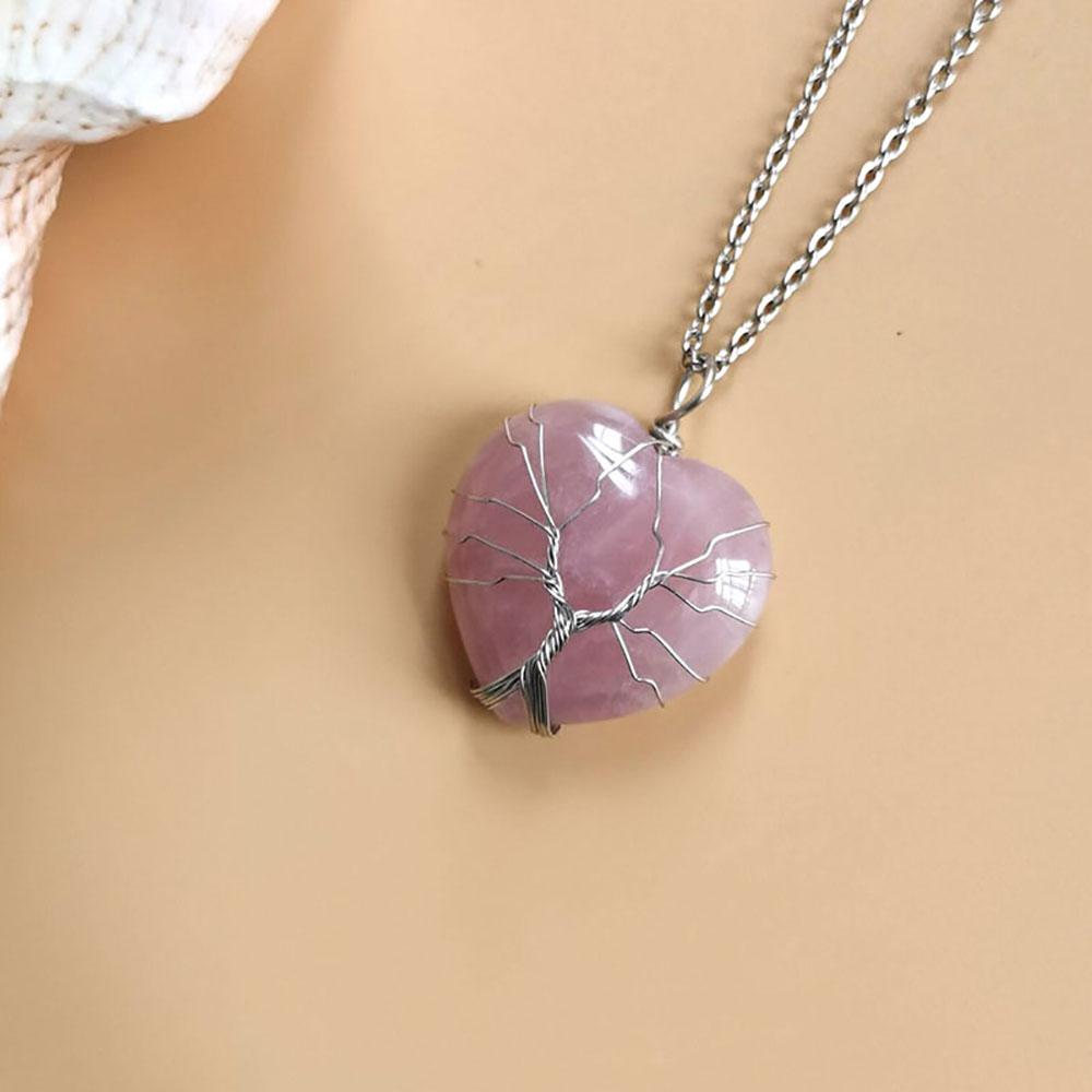 Natürlicher Stein Lebensbaum Drahtumwickelt Liebesherz Halskettenanhänger Natürlicher Stein Tigerauge Rosa Quarz Schwarzer Achat Für Frauen