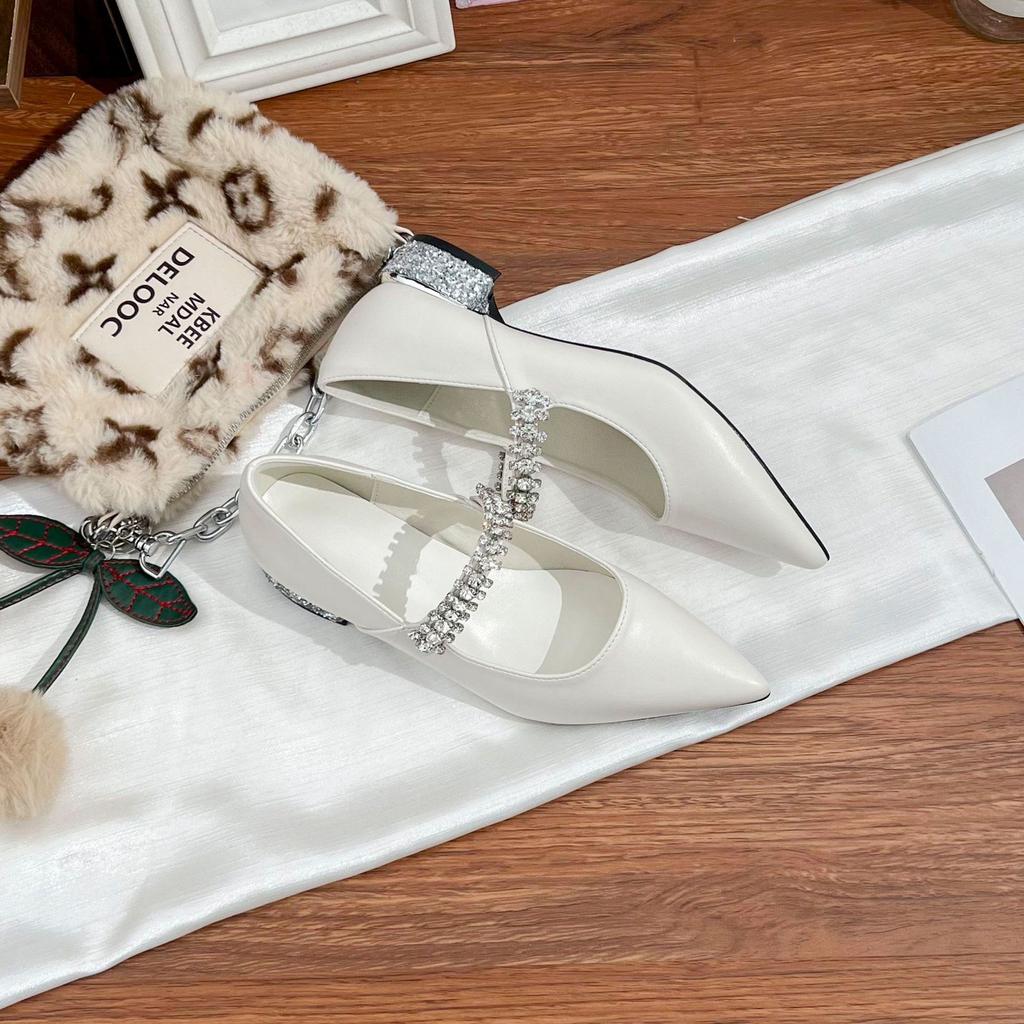 Grape mother 2025 new thick-heeled single shoes women's rhinestones with pointed high heels French retro leopard print women's shoes