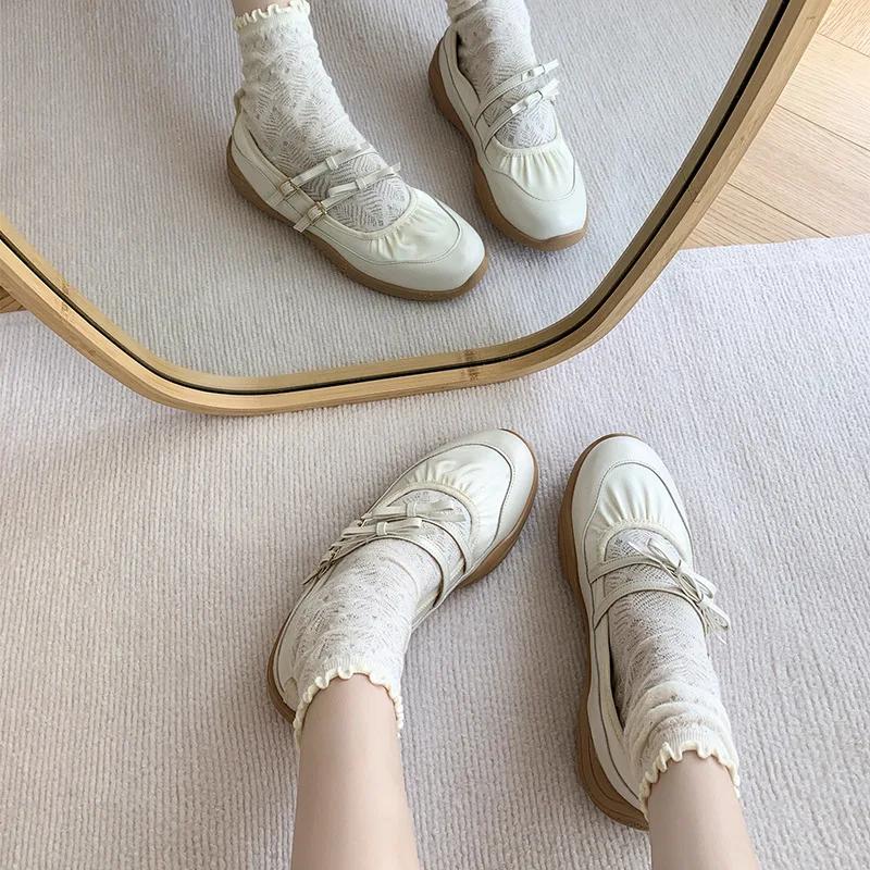 Fashion Silver Mary Jane Women's 2024 New Fashion Bow Belt Buckle Casual Shoes Soft Leather Flat Shoes