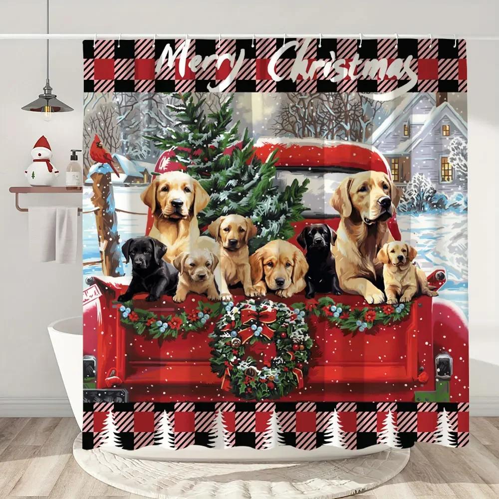 Happy Christmas Holiday Shower Curtain Christmas Tree Cedar Holiday Gift Polyester Home Shower Curtain Bathroom Decor with Hooks
