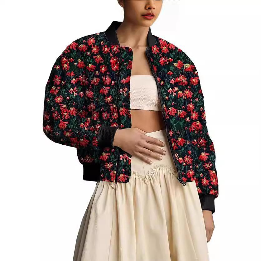 

Женская укороченная куртка-бомбер с вышивкой «Маргаритки», с длинными рукавами, стеганая, пуховик, утепленное пальто, верхняя одежда XL чёрный