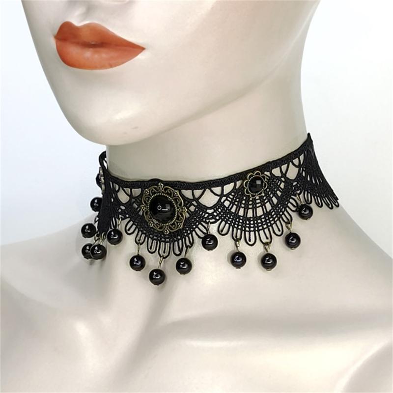 Gothic Lace Floral Choker for Women Choker Handmade Collar with Dangling Beads Adjustable for Bachelorette Party Wedding