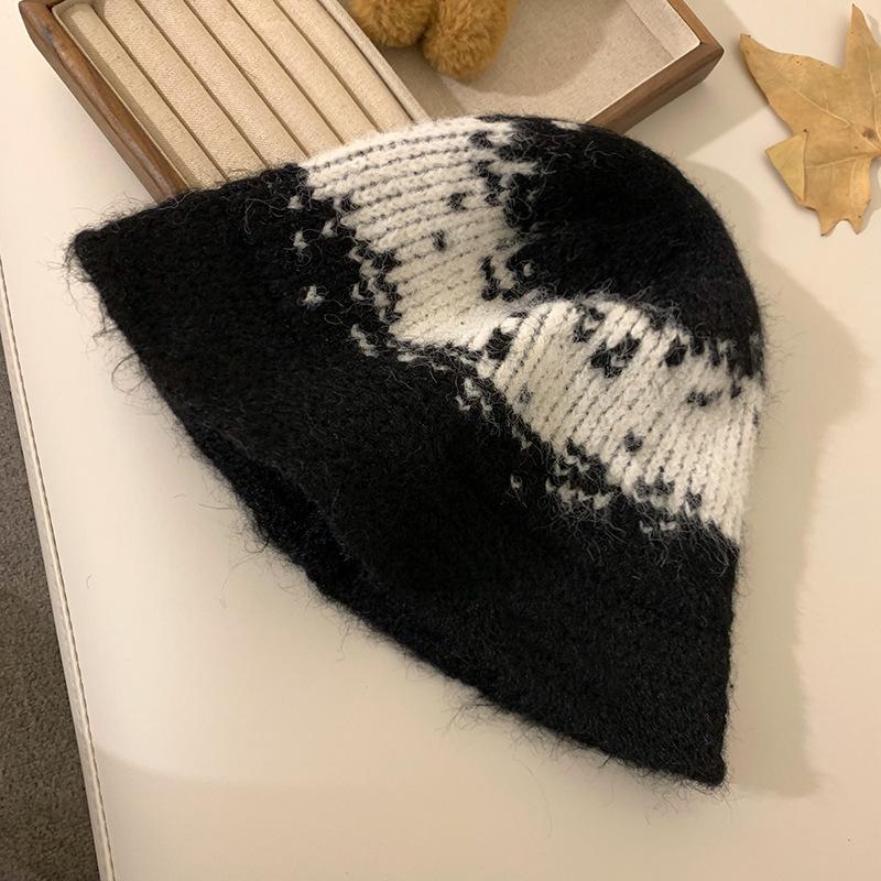 

Нишевая ретро жаккардовая вязаная шерстяная шапка для женщин на осень и зиму, маленькая шляпа-ведро, универсальная теплая шерстяная шапка-рыбацкая One size