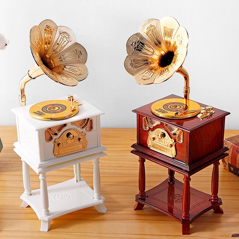 Antyczny Klasyczny Retro Gramofon z Tubą Pozytywka Nostalgiczny Styl Gramofon Pozytywka Dekoracja Domu Prezent