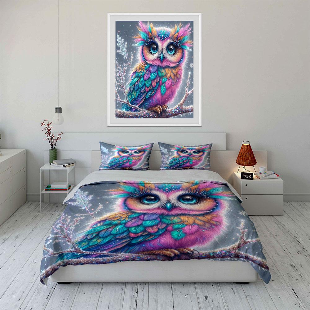 Vivid-Feathered Owl Perched On Icy Branch Duvet Cover Set With 3D Printing Design Soft Polyester Bedding Set All-Season Comfort