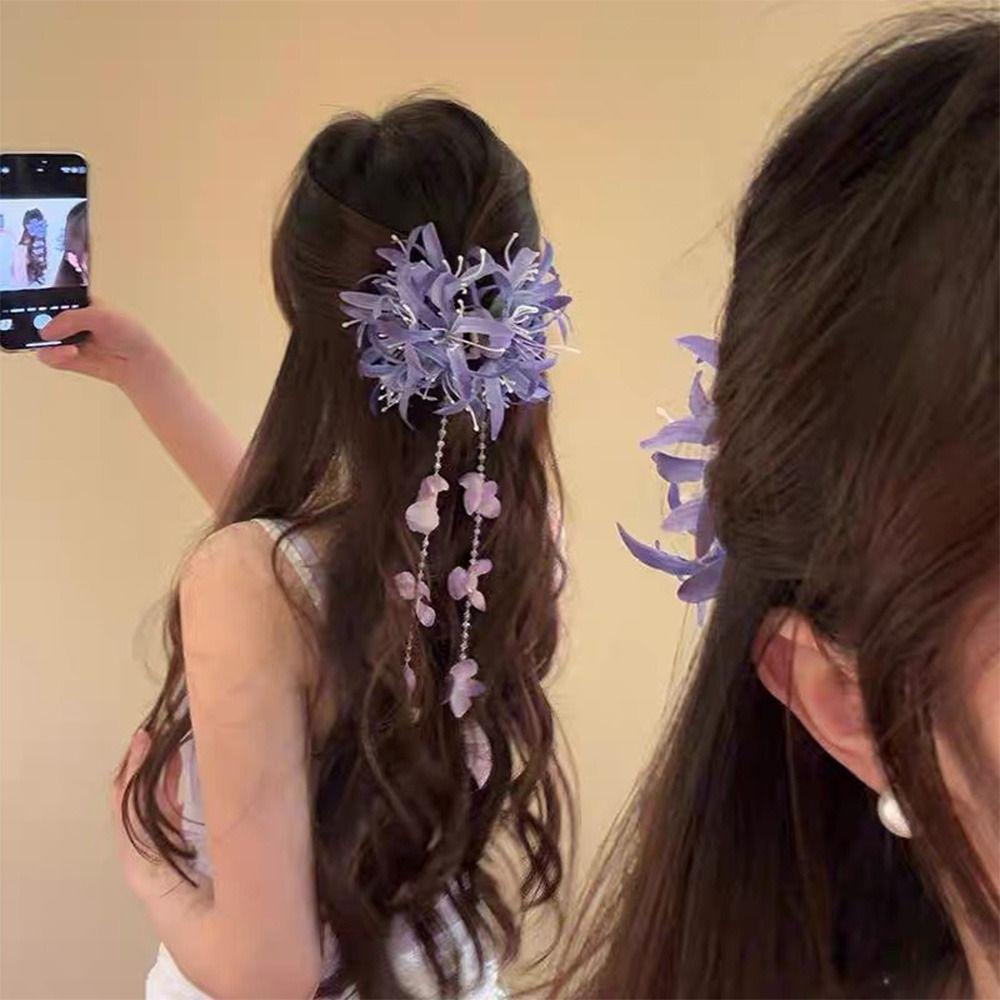 Ponytail Clip Hydrangea Flower Tassel Hair Clip Chinese Style Flower Tassel Hair Clip