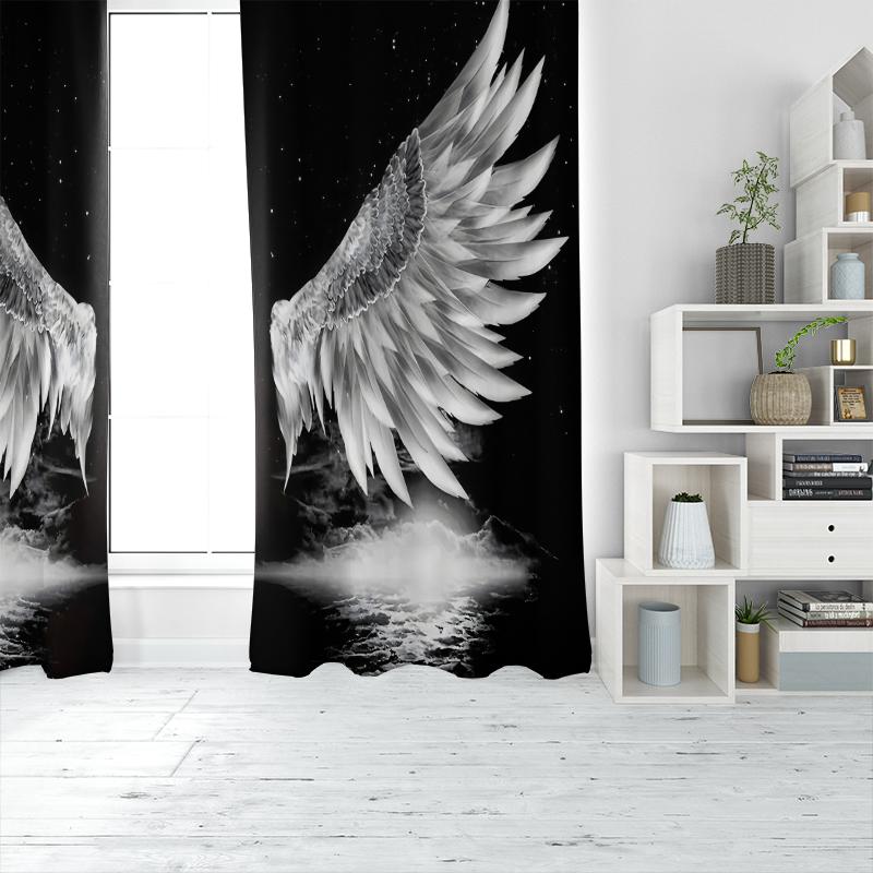 2pcs- Pure Black Cool Wing Polyester Curtains, Bathroom, Bedroom, Living Room, and Family Room Decorative Curtains