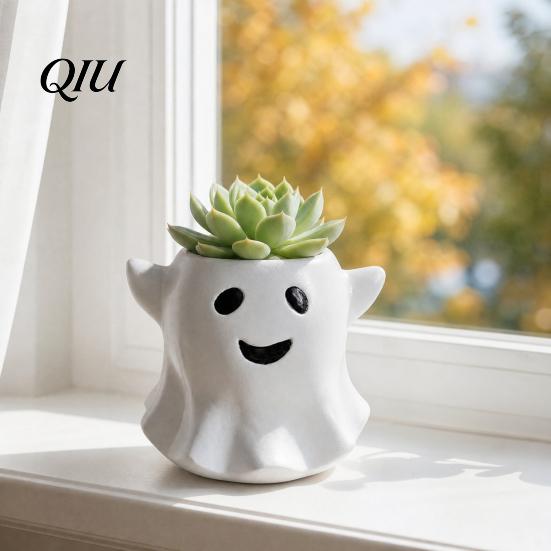 Halloween Themed Plant Container Ghost Flowerpot, Waterproof Resin Vase, Spooky Cute Indoor Outdoor Pot Desktop Ornament, for Green Plants Holiday