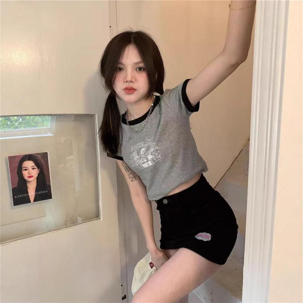 2026 Korean Style Slimming Printed Cropped Short Sleeve Women's T-shirt