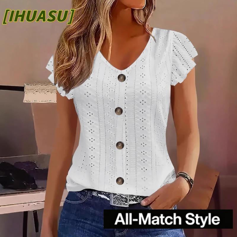QICED Women's Fashion Casual Solid Color Print Short Sleeve V-Neck Blouses & Shirts