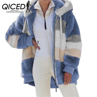 Autumn and Winter Warm Plush Patchwork Zip Pocket Hooded Loose Jacket