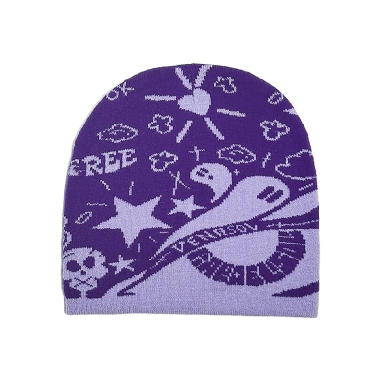 Handmade Crochet Hat Girl Skull Hat Double Side Jacquard Beanies Warm Skull Caps