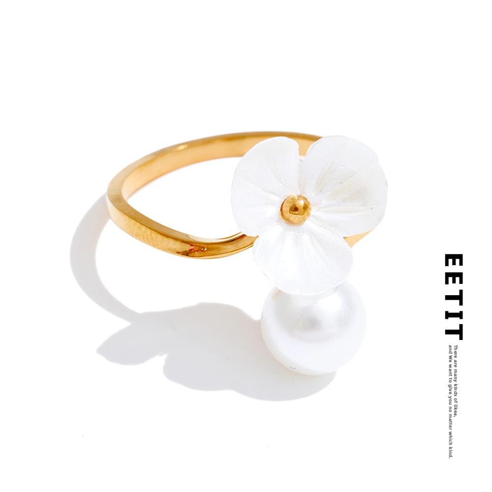 Eetit Imitation Pearls Resin Flower Adjustable Ring Golden PVD Plated Stainless Steel Chic Jewelry Korean Accessories Wholesale