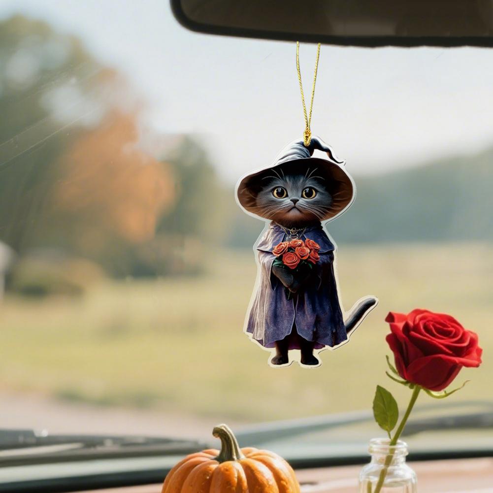 Halloween Car Ornament Halloween Themed Car Charm Halloween Cartoon Witch Cat Car Mirror Hanging Decoration for Rearview