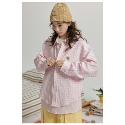 Fashionable Korean Fake Two-piece Plaid Pink Shirt Jacket Long-sleeved Loose Top Design Casual Cardigan