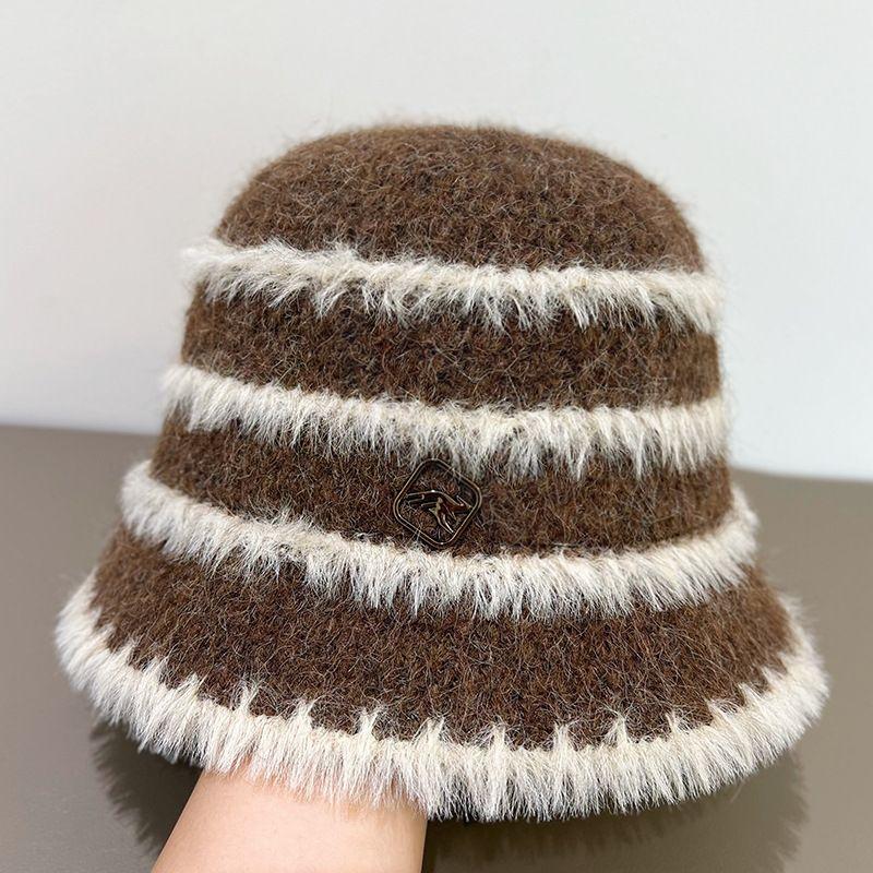 Plush Knitted Striped Bucket Hat Women's Autumn and Winter Wool Bucket Hat