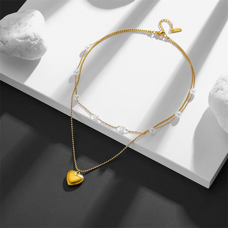 Koreanischer Stil Titan Herz Halskette - Doppellagige Perlen Schlüsselbein Kette, 3D Glatte Oberfläche, Farbbeständig, Einfaches & Elegantes Design