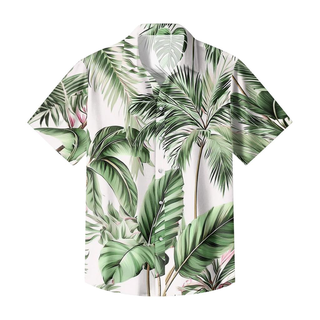 Men's Casual Loose Fit Hawaiian Print Short Sleeve Shirt Lightweight Breathable Summer Beachwear Button Down Shirt