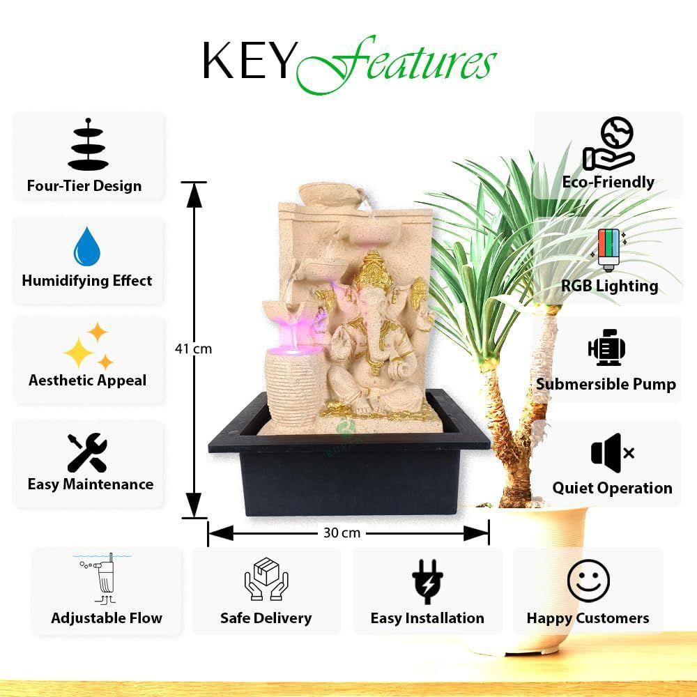 3 Step Ganesha Table Top Water Fountain with RGB LED Light for Home Décor/Gift/Vastu/Pooja/Reception/House Warming (Biege Stone)