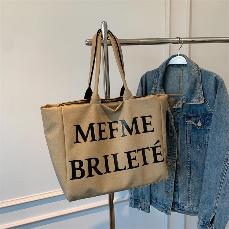 Large Capacity Black And Khaki Canvas Tote Bag 2024 New Casual Letter Street Style Commuter Bag